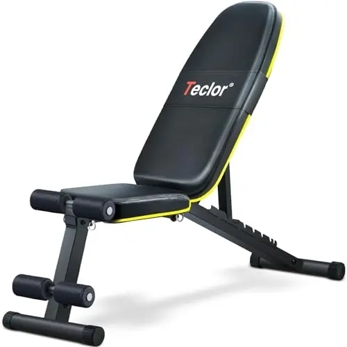 Teclor weight bench in yellow and black, showing incline adjustments