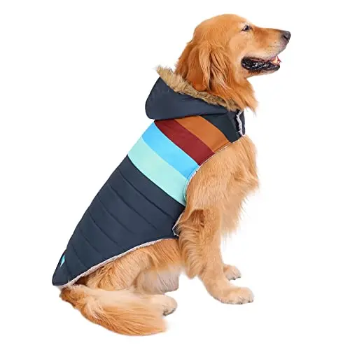 HDE dog puffer jacket with faux fur hood in navy stripe