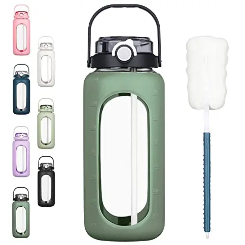 BLUEGO glass water bottle with silicone sleeve and straw