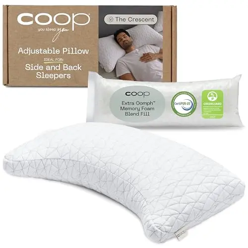 Coop Home Goods Crescent Adjustable Pillow showing ergonomic shape and adjustable fill