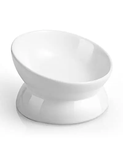 LoeJan white ceramic elevated cat bowl with tilted angle and non-slip base