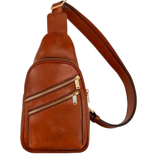 Time Resistance leather sling bag in cognac brown for chest or back wear