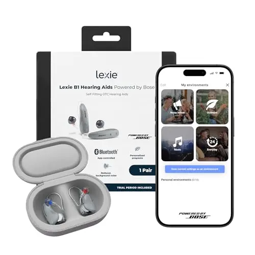Lexie B1 gray behind-the-ear hearing aids powered by Bose