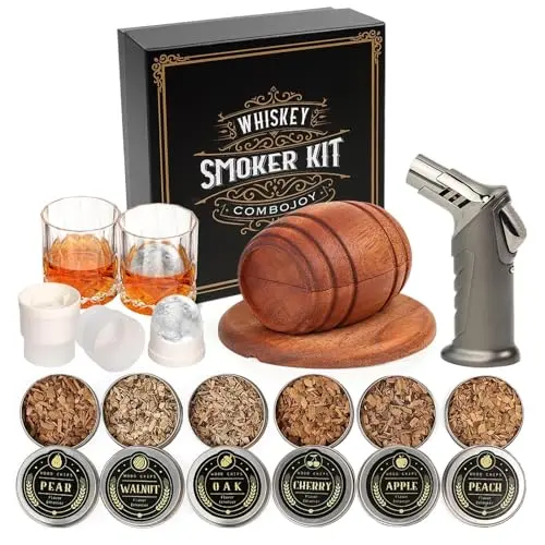 ComboJoy whiskey smoker kit with wood chips, glasses, and torch