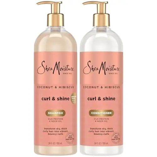 SheaMoisture Coconut & Hibiscus Curl & Shine Shampoo and Conditioner family-size bottles with pumps