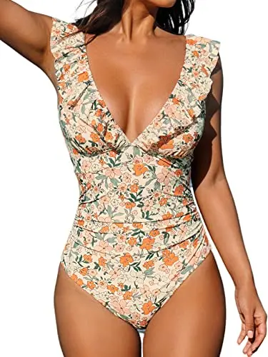 CUPSHE one piece swimsuit with floral print and ruffled design