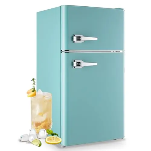 WANAI retro-style mini fridge with dual doors and freezer compartment