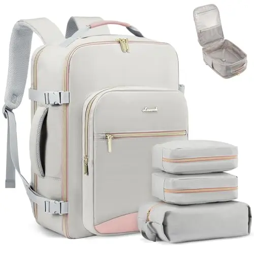 LOVEVOOK light gray-pink travel backpack with multiple compartments and packing cubes