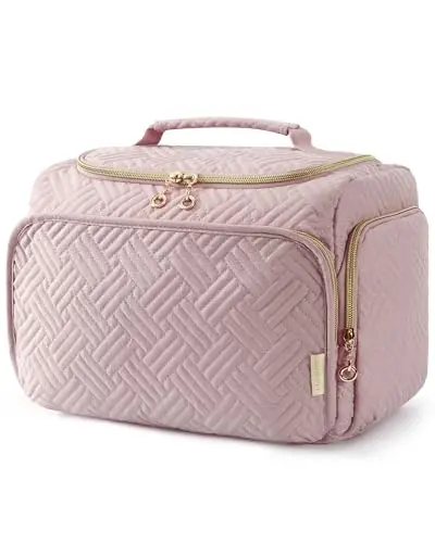 BAGSMART travel toiletry bag in pink with wide-open design and multiple mesh pockets