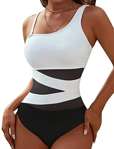 Blooming Jelly white and black one-piece swimsuit with one-shoulder design