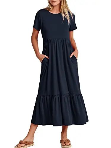 ANRABESS tiered maxi dress in navy blue with short sleeves and pockets