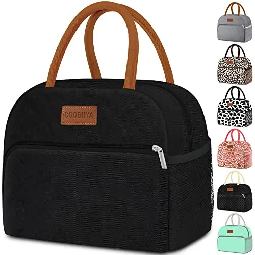Coobiiya black lunch pail bag with mesh side pocket and front zipper