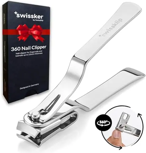 Swissklip nail clipper with 360-degree rotating head in stainless steel