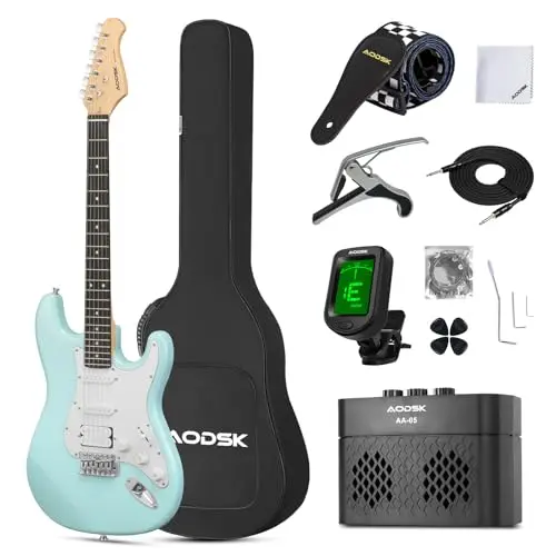 AODSK electric guitar in blue with HSS pickups and modern amp