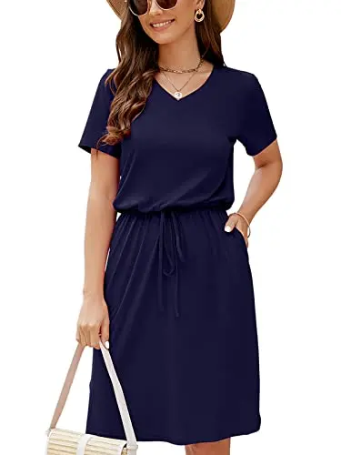 HUSKARY midi t-shirt dress in dark blue with V-neck, adjustable waist, and side splits
