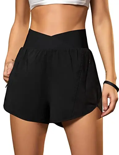 Blooming Jelly women's crossover waist workout shorts with zipper pockets