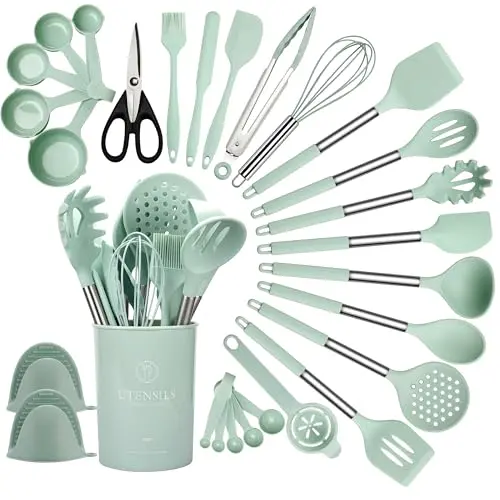 QMVESS light green silicone cooking utensils set with stainless steel handles