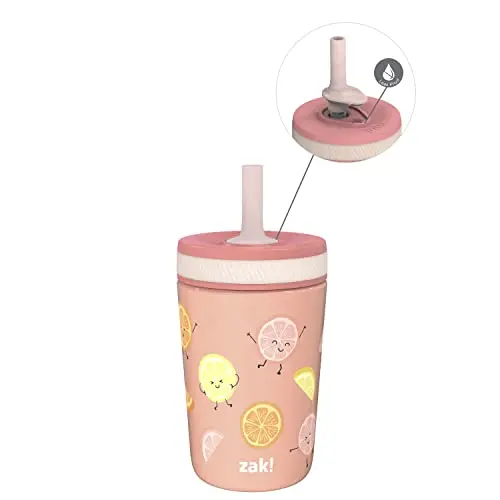Zak Designs Kelso stainless steel toddler cup with leak-proof design and colorful fruit pattern