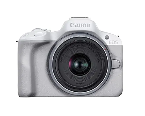 Canon EOS R50 mirrorless camera with white body and compact design