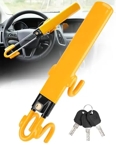 Tevlaphee yellow steering wheel lock secured on car steering wheel