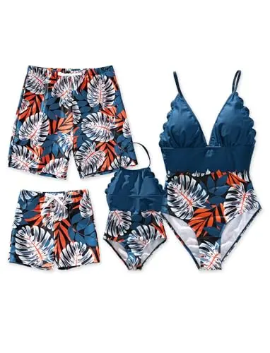PATPAT blue Hawaiian print one-piece swimsuit and matching swim trunks