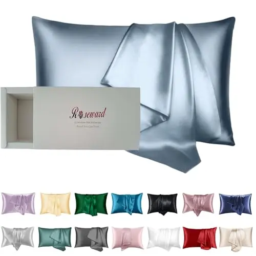 ROSEWARD silk pillowcase in blue grey color on a bed