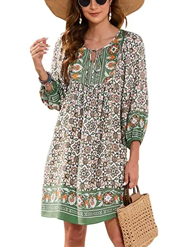 Bluetime boho mini dress in dark green with 3/4 sleeves and floral print