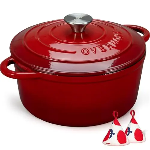 Overmont cherry red enameled cast iron Dutch oven for sourdough baking