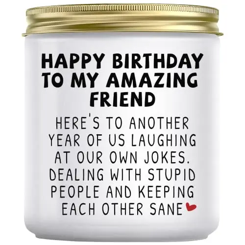 Lavender scented birthday candle with funny friend message in glass jar