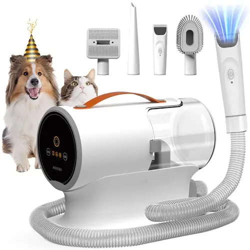 AIRROBO dog grooming vacuum with white design and multiple guide combs