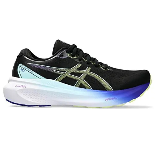 ASICS Gel-Kayano 30 women's running shoes in black and glow yellow