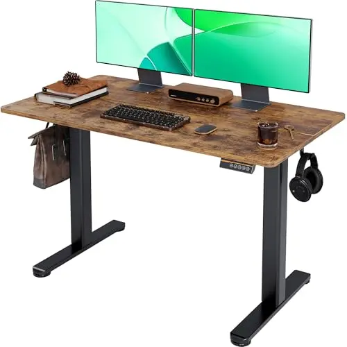 Claiks electric standing desk with rustic brown top and black frame