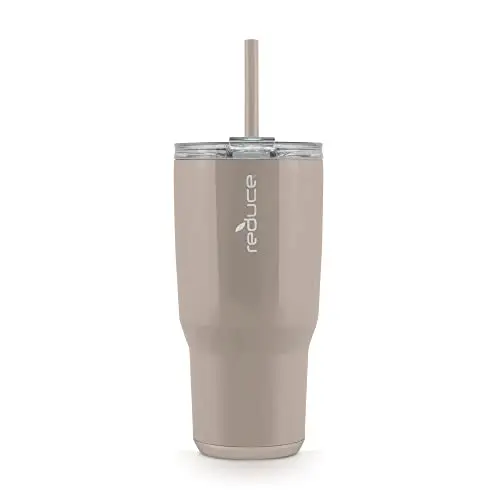 REDUCE 34oz insulated tumbler in sand color with flip lid and straw