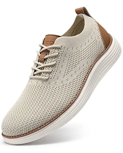 VILOCY men's casual dress sneakers in beige knit mesh