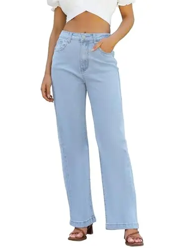 ETTELO high-waisted straight leg jeans with tummy control on a curvy figure