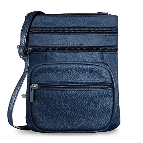 Ciana genuine leather crossbody bag in navy blue with multiple zip pockets