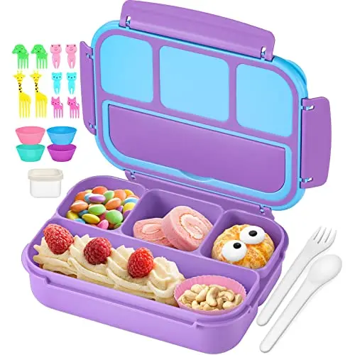 QQKO purple bento lunch box with utensils, food picks, and sauce container