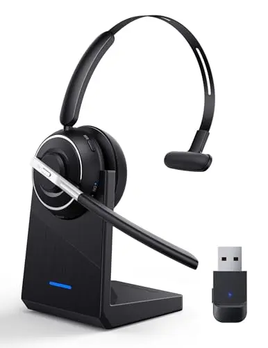 PrancyBt Bluetooth headset with microphone and charging base in black