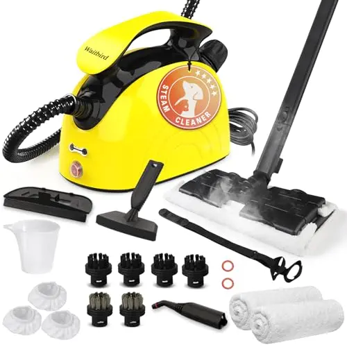 Waitbird steam cleaner with 21 accessories in yellow color
