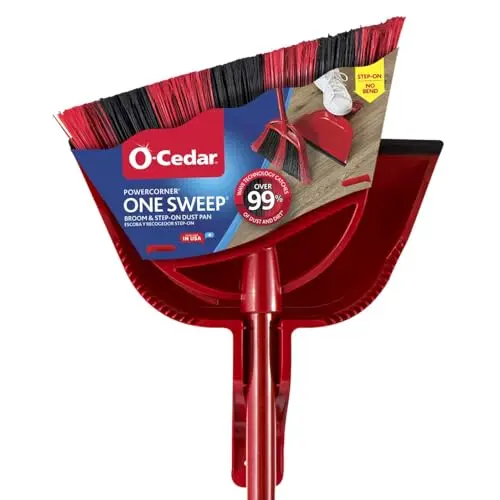 O-Cedar One Sweep Broom with red handle and step-on dustpan for pet hair removal