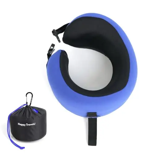 C CUSHION LAB cobalt blue ergonomic travel pillow showing patented shape