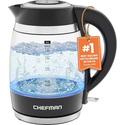 Chefman glass electric kettle with blue LED lights and stainless steel accents
