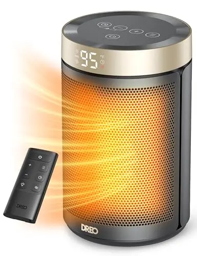 Dreo space heater in gold color with digital display and remote control