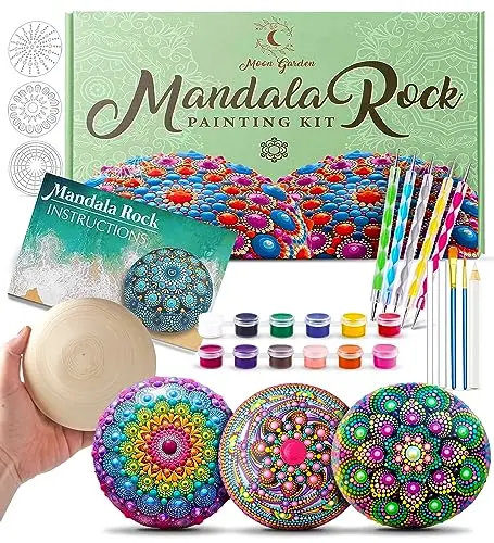 Moon Garden mandala rock painting kit with wooden rocks and dotting tools