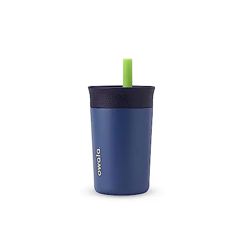 Owala kids insulated stainless steel tumbler with spill-resistant lid and flexible straw in navy and blue