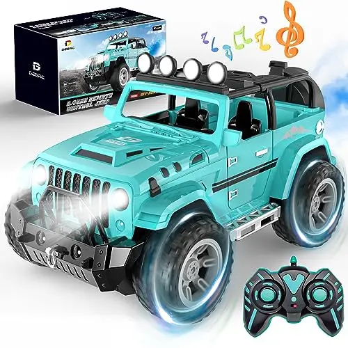 DEERC RC car with fog mist and music features on display