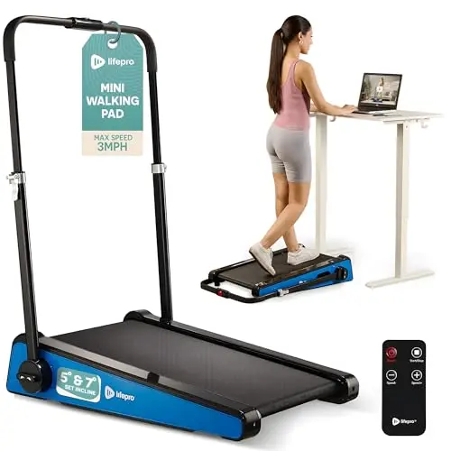 LIFEPRO blue portable walking pad treadmill with handlebar