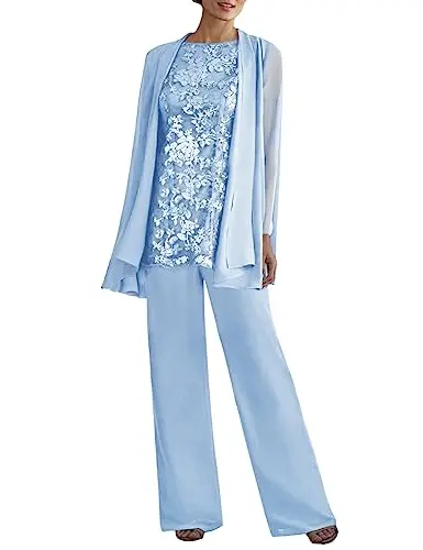 Light blue lace pant suit set for formal occasions