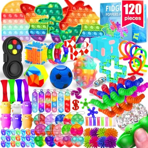 Assorted fidget toys including pop bubbles and squishies