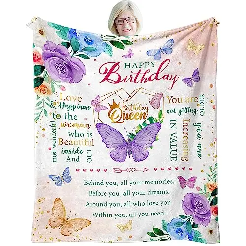 Purple butterfly and floral throw blanket with birthday queen design